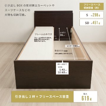 収納付きベッド シングル／セミダブル 輸入畳 収納  引き出し 収納付き 日本製フレーム カウンタータイプ 　宮付き　コンセント付き　引出レール付きフレーム 2杯引出し ヘリ無し輸入畳の画像