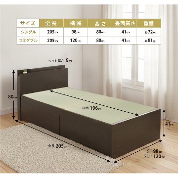 収納付きベッド シングル／セミダブル 輸入畳 収納  引き出し 収納付き 日本製フレーム カウンタータイプ 　宮付き　コンセント付き　引出レール付きフレーム 2杯引出し ヘリ無し輸入畳の画像