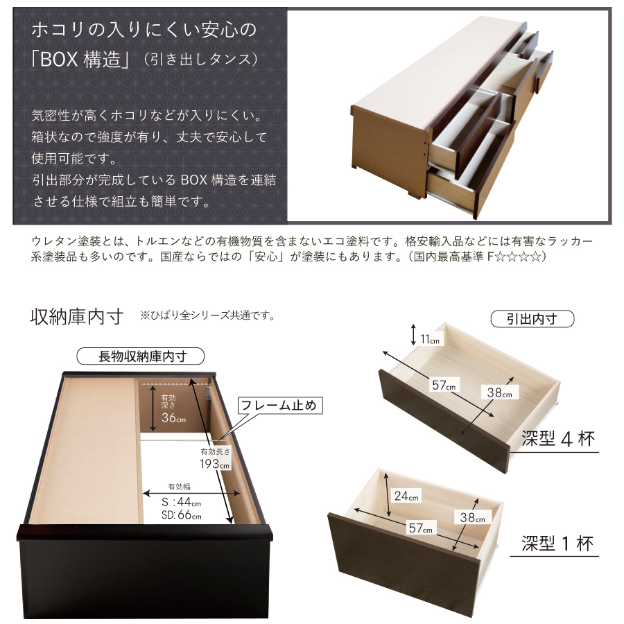 収納付き　ベッド  セミダブル 畳ベッド 国産畳 5杯　引き出し 収納付き パネルタイプ   たたみベッド タタミベッド スライドレール付きダークブラウン ひばりの画像