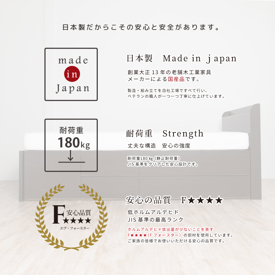 収納付きベッド   日本製 スライドレール付 大容量 フレームのみ セミシングル幅83cm／シングル幅98cm／セミダブル幅120cm　グレイス #14 2BOX　リニューアル 敷板付き画像