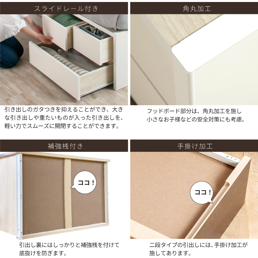 3ボックス　 大型収納ベッド　配達日指定可能 大容量 収納 SS/S/SD ベッドフレーム  日本製 薄型カウンター コンセント スライドレール #16 新型３BOX画像