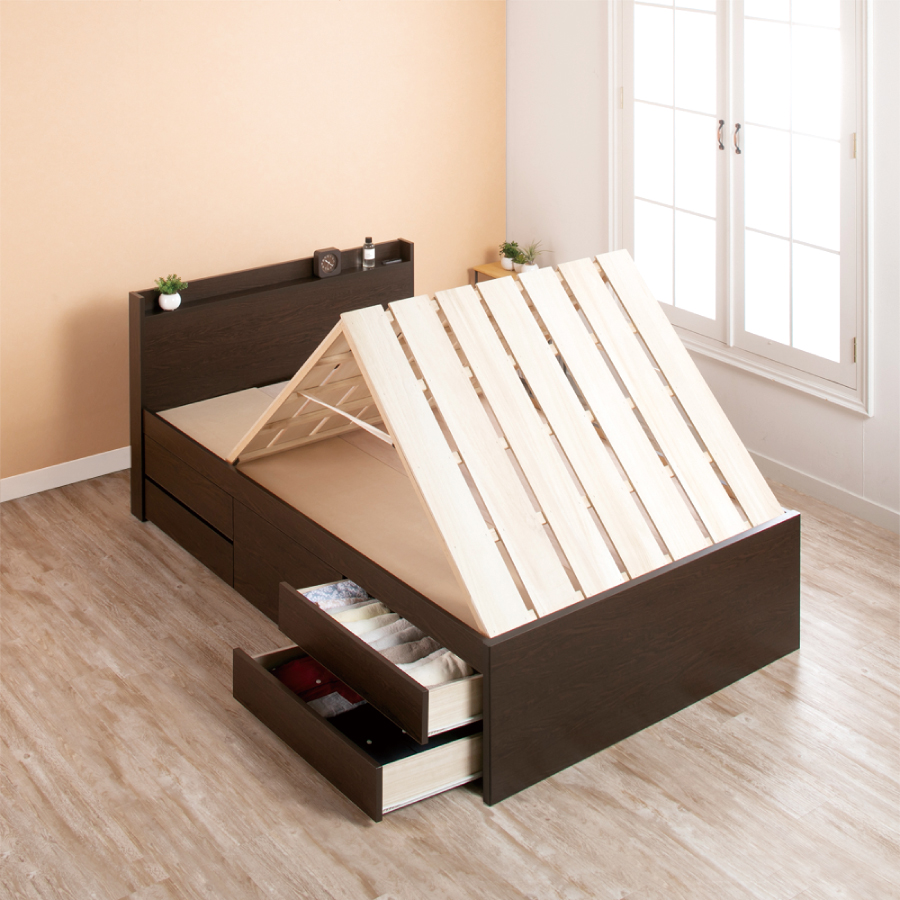 5杯引出 収納付きベッド 物干し  山折り すのこ  セミシングル／シングル／セミダブルベッド 日本製　ＢＯＸ型 すのこ   お布団 薄型カウンター 省スペース フレーム コンセント 　ブローデルの画像