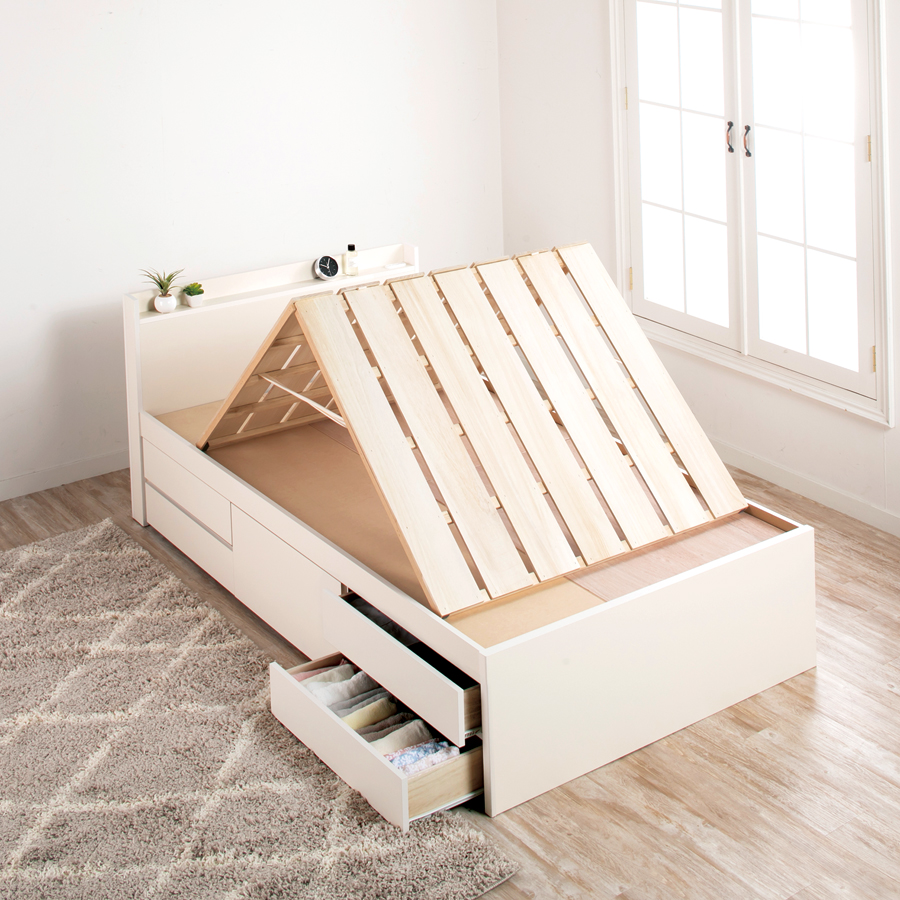 5杯引出 収納付きベッド 物干し  山折り すのこ  セミシングル／シングル／セミダブルベッド 日本製　ＢＯＸ型 すのこ   お布団 薄型カウンター 省スペース フレーム コンセント 　ブローデルの画像