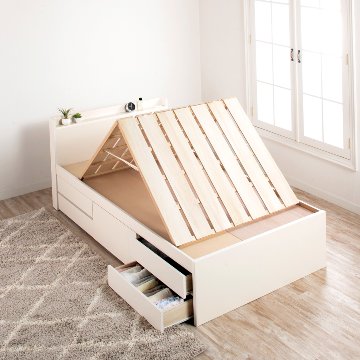 5杯引出 収納付きベッド 物干し  山折り すのこ  セミシングル／シングル／セミダブルベッド 日本製　ＢＯＸ型 すのこ   お布団 薄型カウンター 省スペース フレーム コンセント 　ブローデルの画像