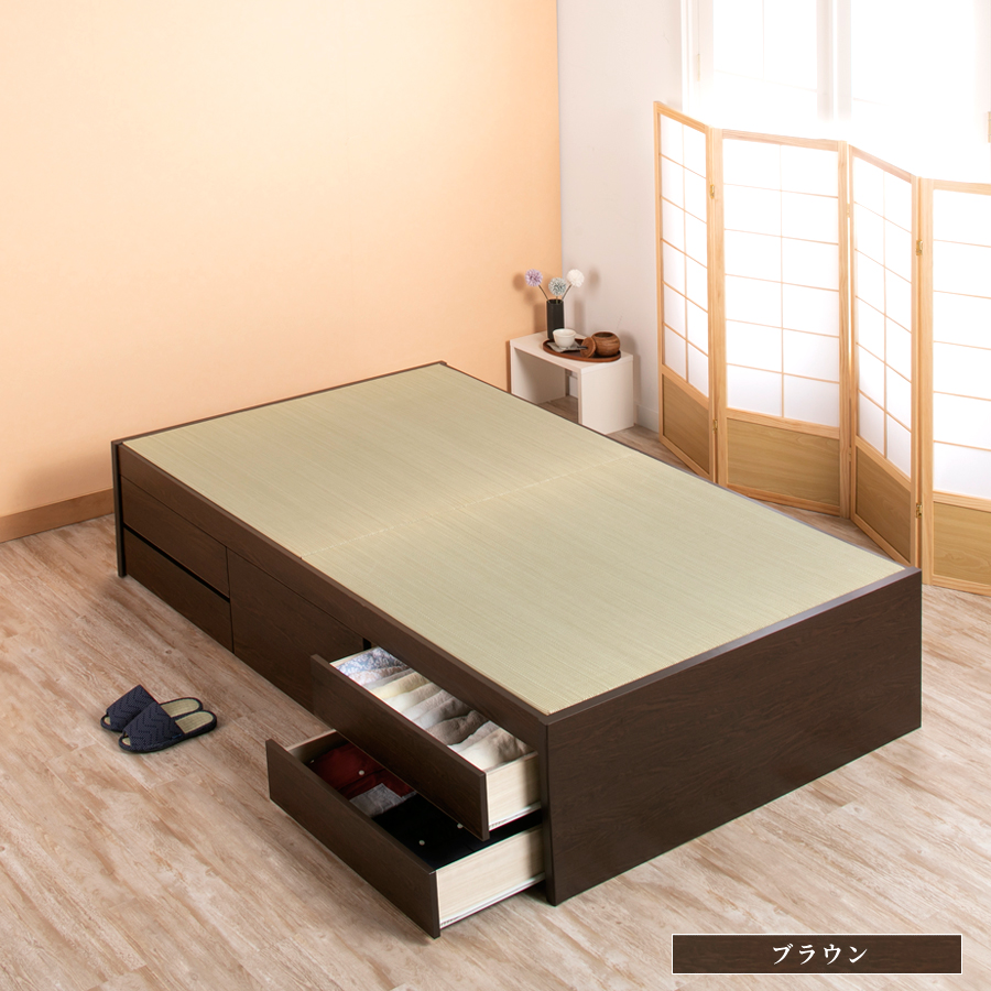 収納付きベッド シングル／セミダブル 畳ベッド 収納 引き出し チェストベッド 畳チェストベッド ヘッドレス 引出レール付き 日本製フレーム 暁月 あかつき　ヘリ無し中国畳の画像