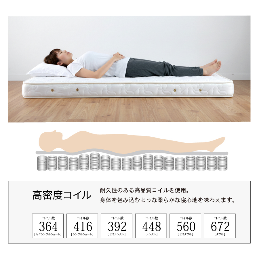 単品購入 日本製 国産 薄型 ポケットコイルマットレス　厚み12cm  セミシングルショート シングルショート　ホワイトリーフの画像