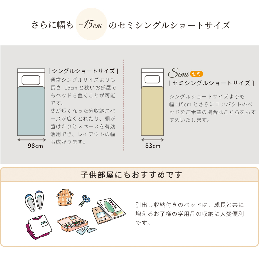 日本製 5杯引出 収納 セミシングルショート／シングルショートベッド チェストベッド コンパクトカウンター 省スペース ベッドフレーム コンセント 全長 190cm ジェールの画像