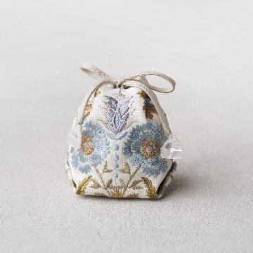 茶器袋 巾着型52　刺繍　クリーム×アクアの画像