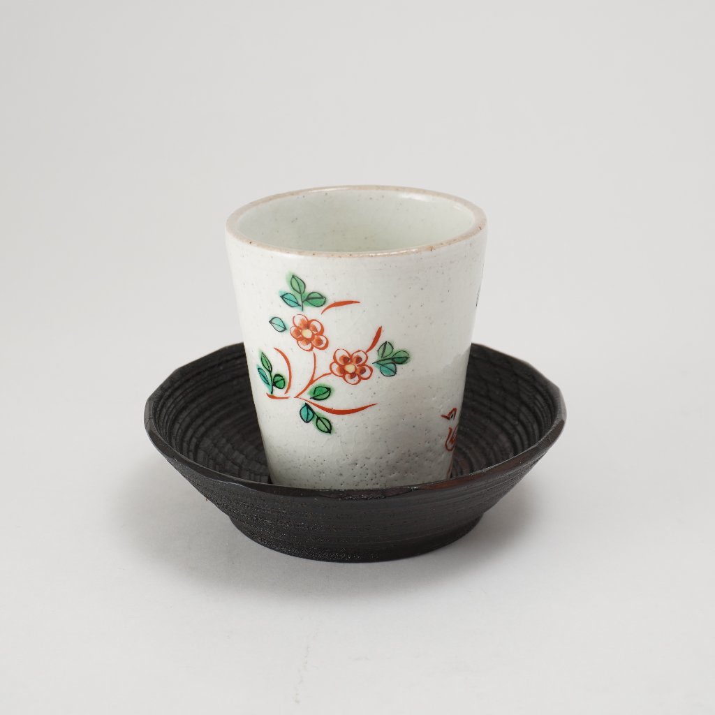 花鳥文美濃焼湯呑み＋沢栗山皿（3.5寸）1客の画像