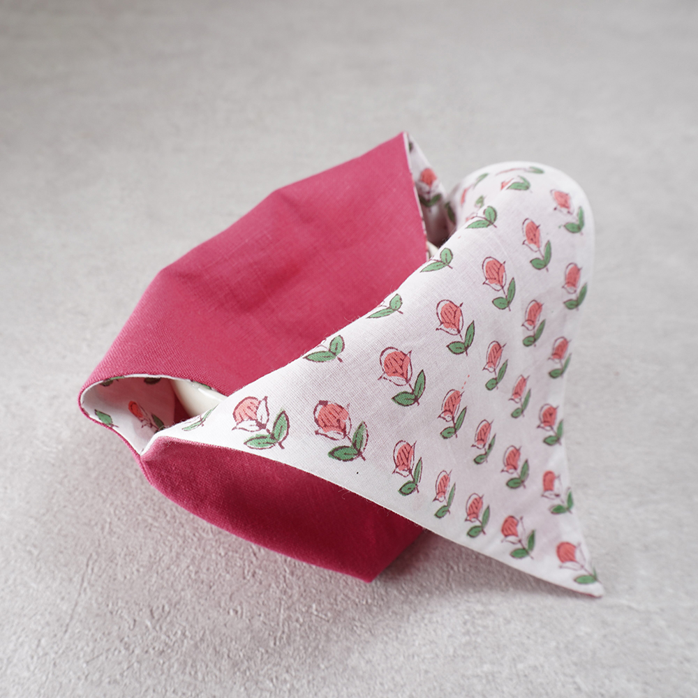 茶碗袋M　113　麻×インド更紗　ピンクの画像