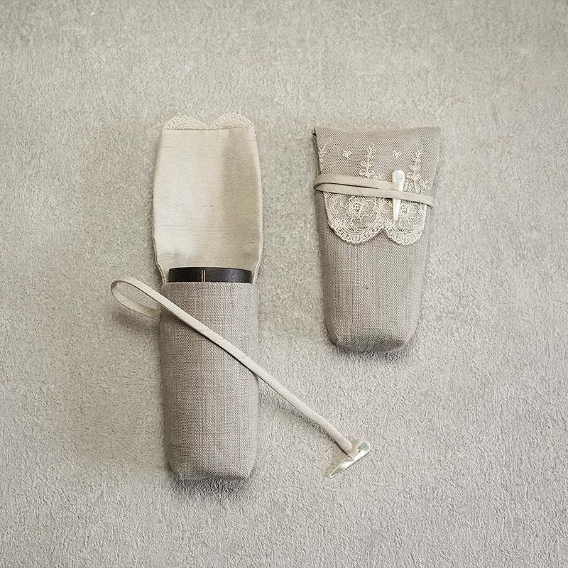 茶筅筒袋01　麻×レースの画像