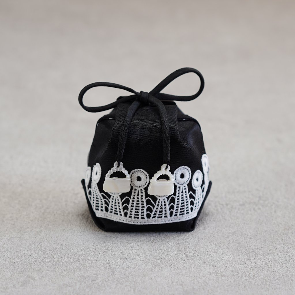 茶器袋 巾着型31　黒シャンタン×レースリボンの画像