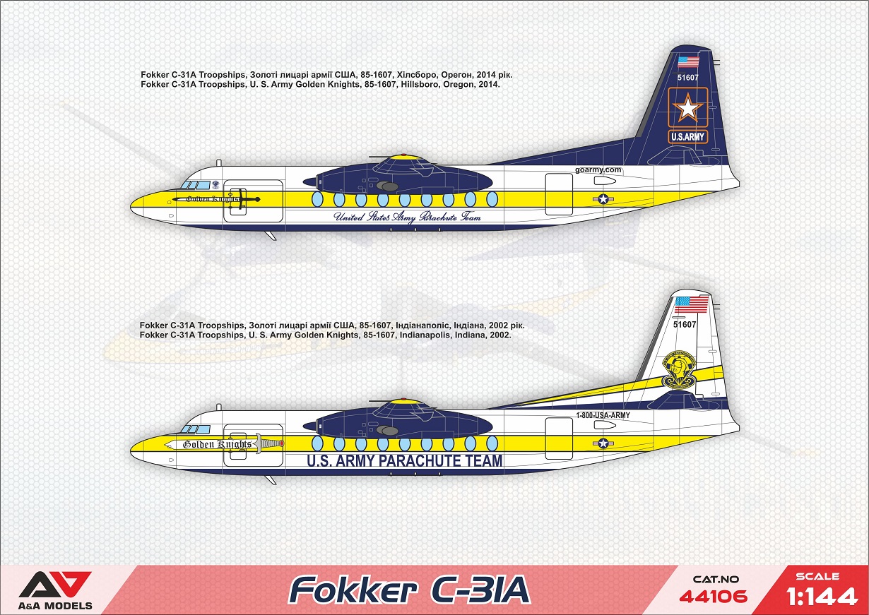 A&Aモデル 1/144 フォッカー C-31A ゴールデンナイツパラシュートチーム 使用機 [F-27-400M バリアント] プラモデル A&Aモデル44106の画像