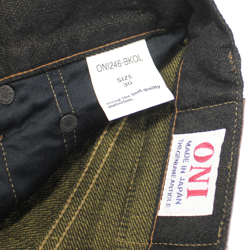 鬼デニム12oz経糸ブラック × 緯糸オリーブデニムジーンズ｢246-BKOL｣の画像