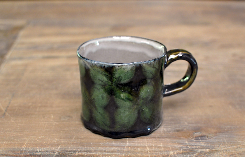 【訳あり】スリップウェア　マグカップ（大）（緑花）の画像