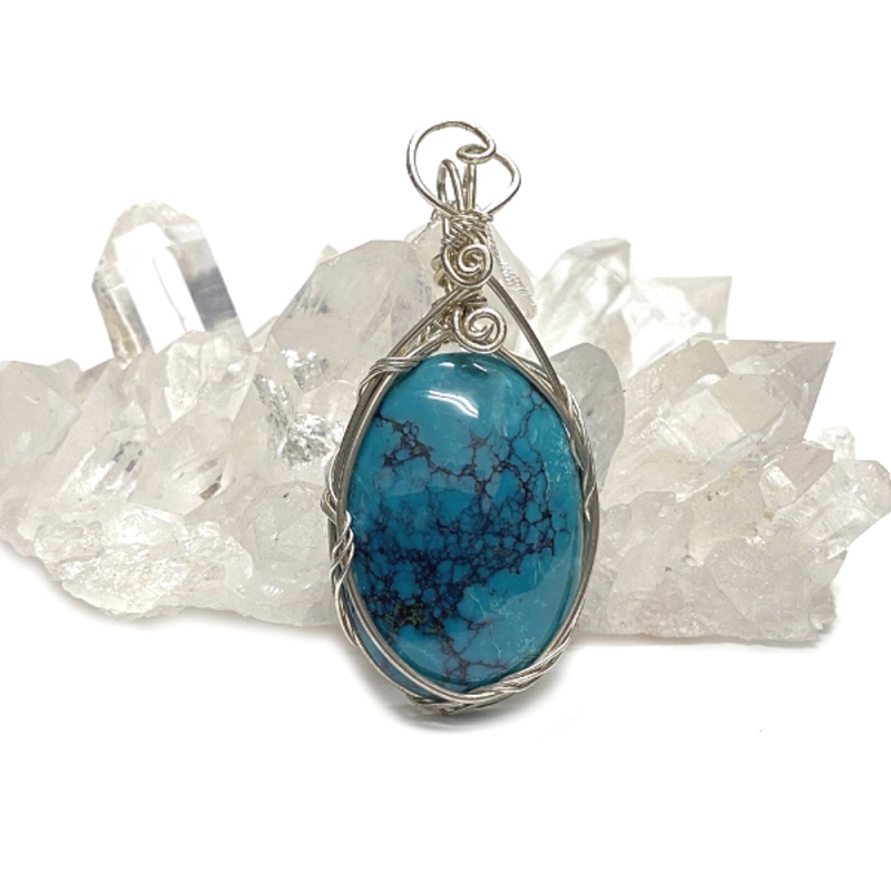 天然石 ターコイズ ペンダント シルバーワイヤー ジュエリー  ネックレス（213）シルバー磨き用布付 の画像