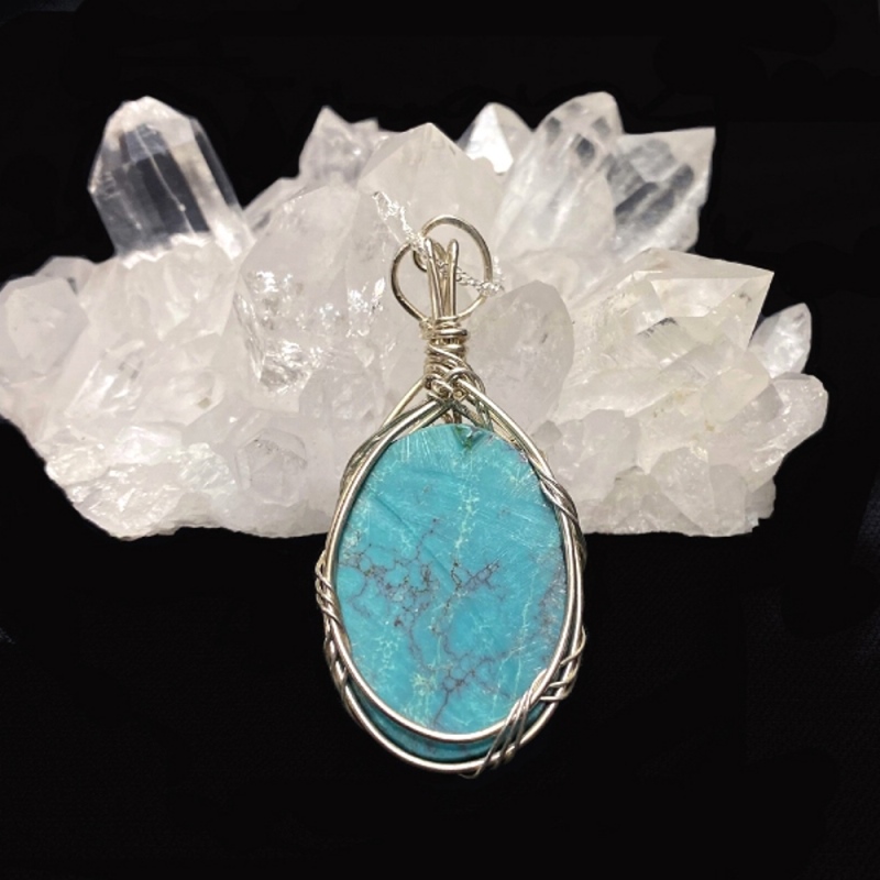 天然石 ターコイズ ペンダント シルバーワイヤー ジュエリー  ネックレス（213）シルバー磨き用布付 の画像