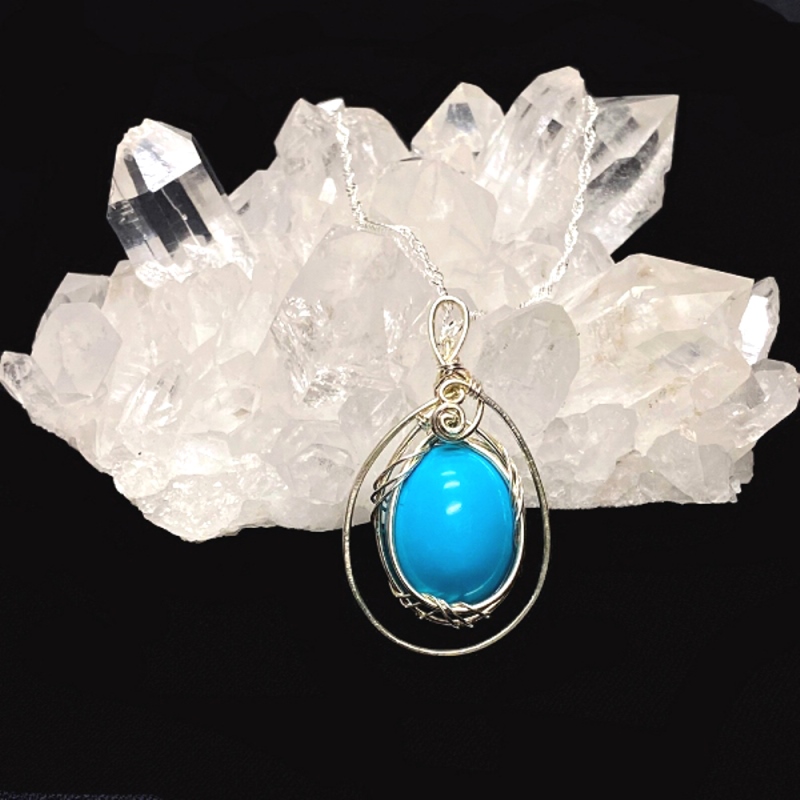 天然石 ターコイズ　ペンダントトップ　シルバーワイヤー ジュエリー ネックレス（214）シルバー磨き用布付 の画像