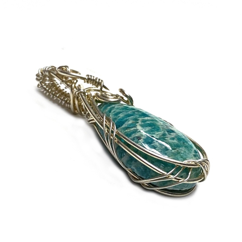 天然石 アマゾナイト ペンダント シルバーワイヤー ジュエリー  ネックレス（207） シルバー磨き用布付 の画像