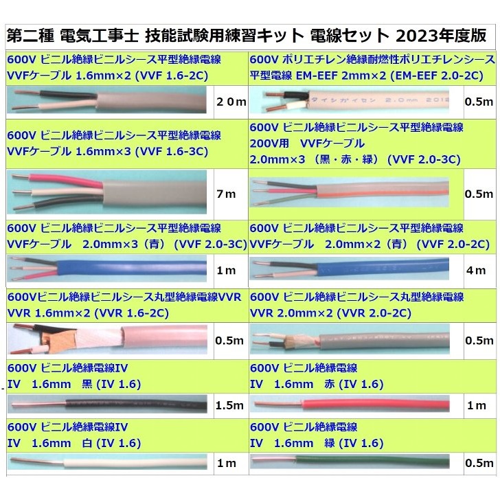 第2種 電気工事士 技能試験用 器具１式＋ケーブルのみ２回分セット【2023年度下期】実技練習は数で勝負です