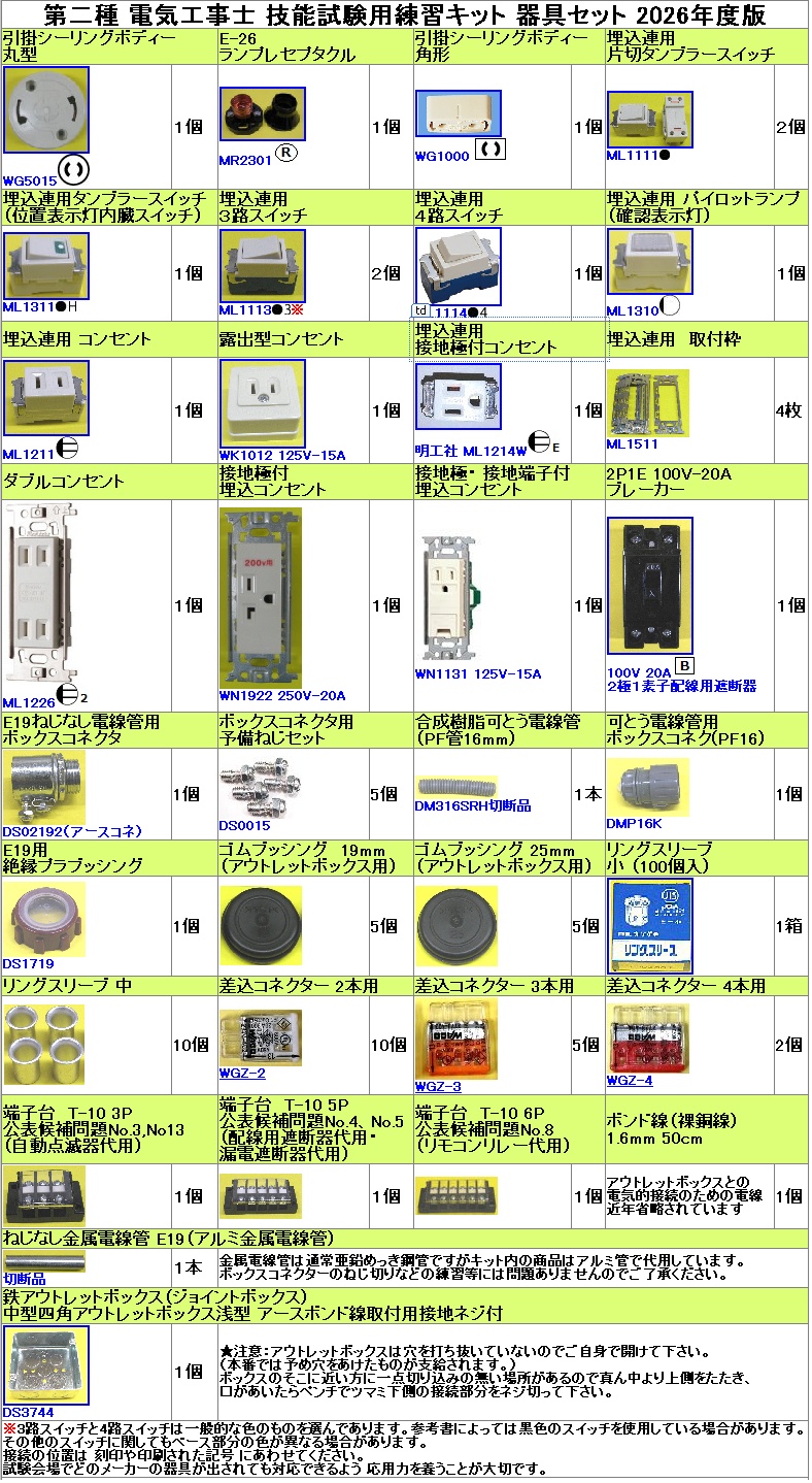 2025年度 第二種電気工事士 技能試験用ケーブルと器具のセット販売