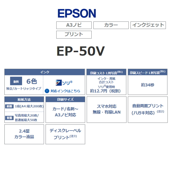 前面、背面の2Way給紙が魅力・エプソン EP-50V A3ノビ対応カラー