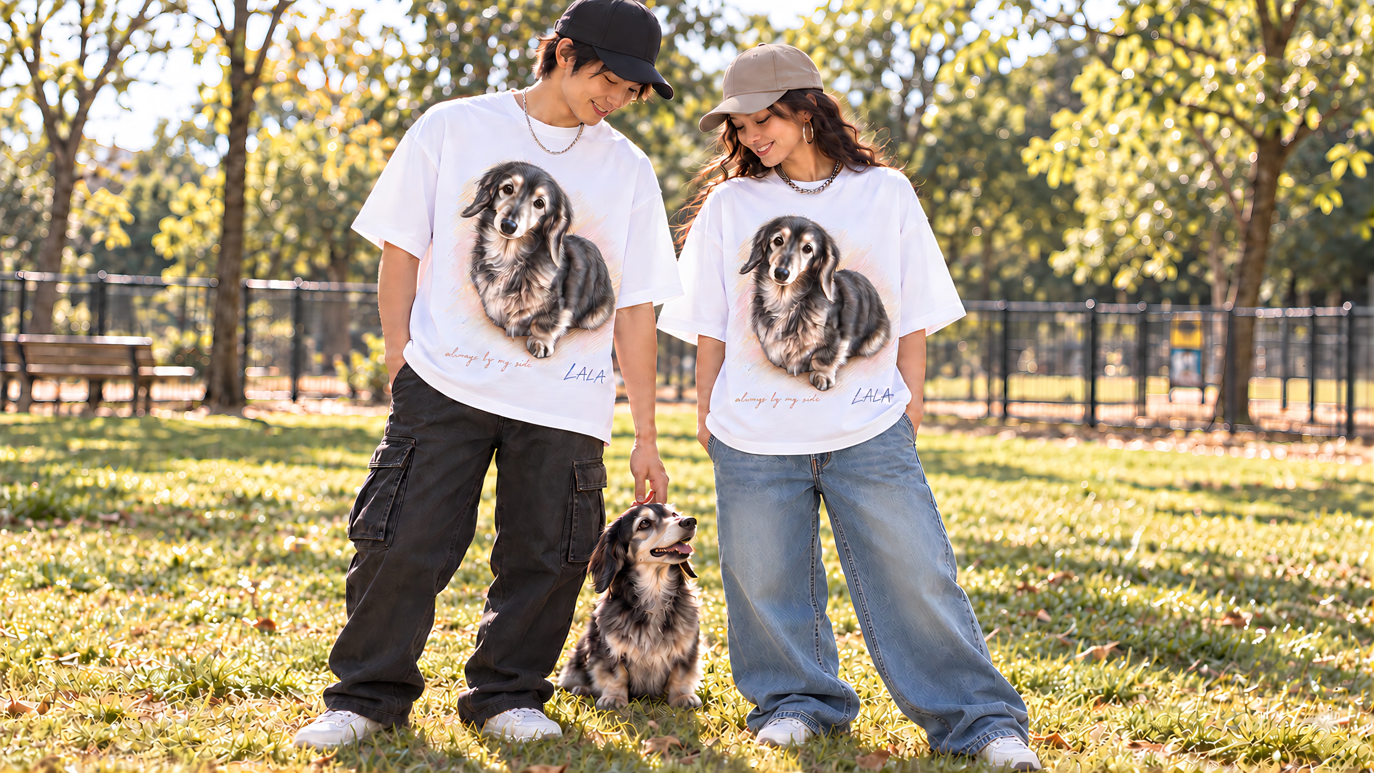 ボックスシルエットのペット肖像画Tシャツをお揃いで着用