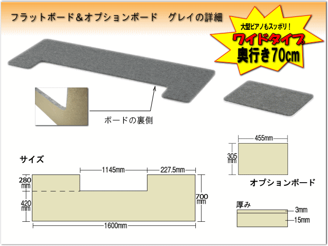 【ワイドタイプ】ピアノ用 床補強ボード：吉澤 フラットボード・オプションボード付 グレイ■メーカー直送品の画像