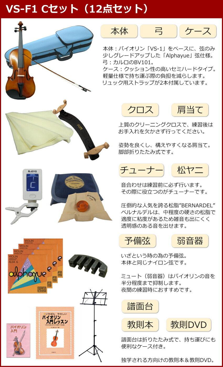初心者向け バイオリン みずいろケース 調整後出荷 VS-F1 1/2サイズ 12点セット 分数サイズ カルロジョルダーノの画像