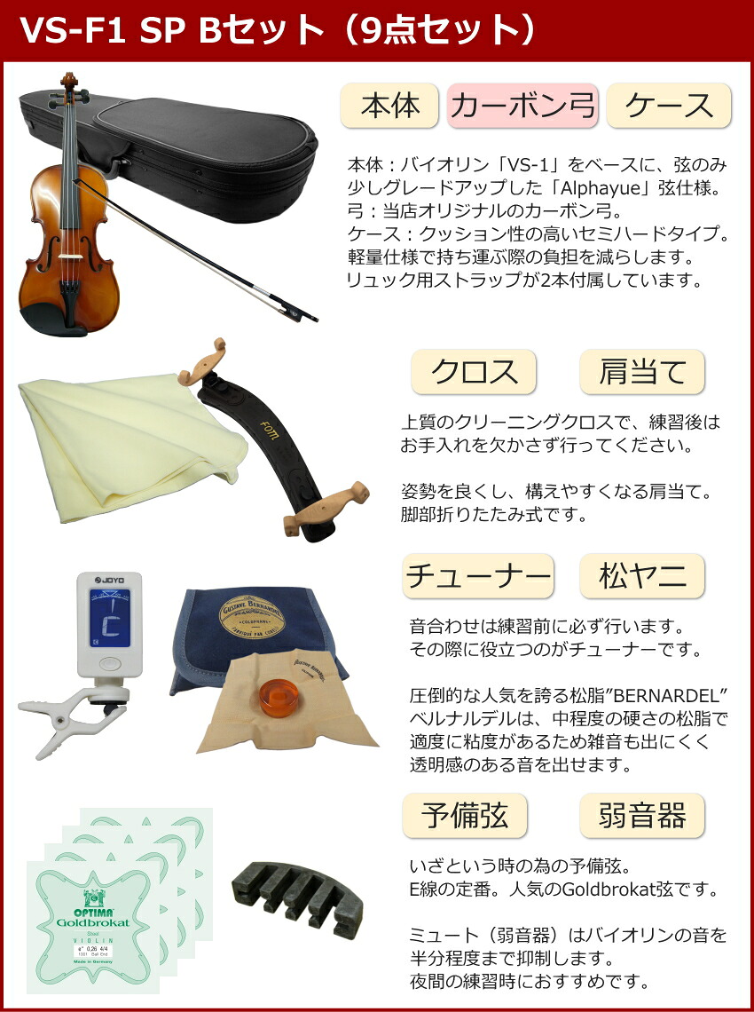 初心者向け バイオリン 調整後出荷 VS-F1 4/4サイズ カーボン弓付属 9点セット 大人サイズ カルロジョルダーノの画像