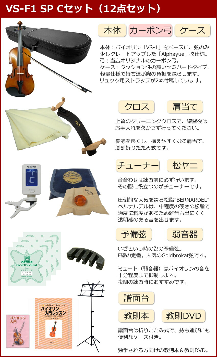 初心者向け バイオリン 調整後出荷 VS-F1 4/4サイズ カーボン弓付属 12点セット 大人サイズ カルロジョルダーノの画像