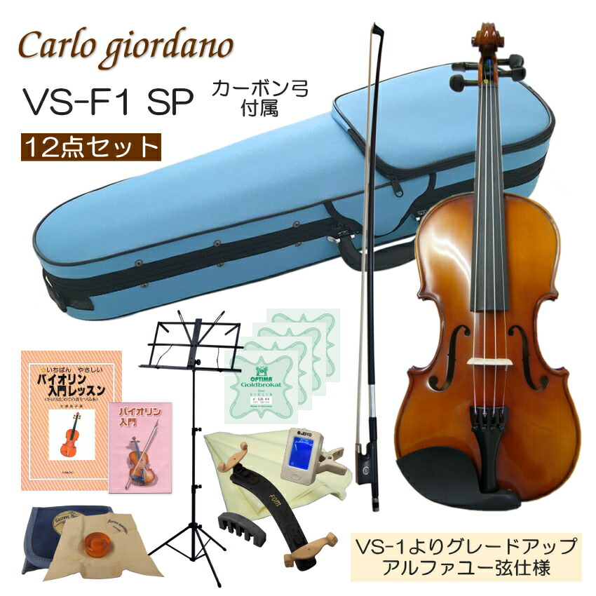 初心者向け バイオリン みずいろケース 調整後出荷 VS-F1 4/4サイズ カーボン弓付属 12点セット 大人サイズ カルロジョルダーノの画像