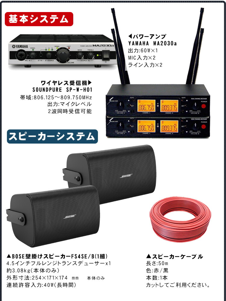BOSE ボーズ 壁掛けスピーカー FS4SEB + ワイヤレスマイク2本 ピンマイク2本セットの画像