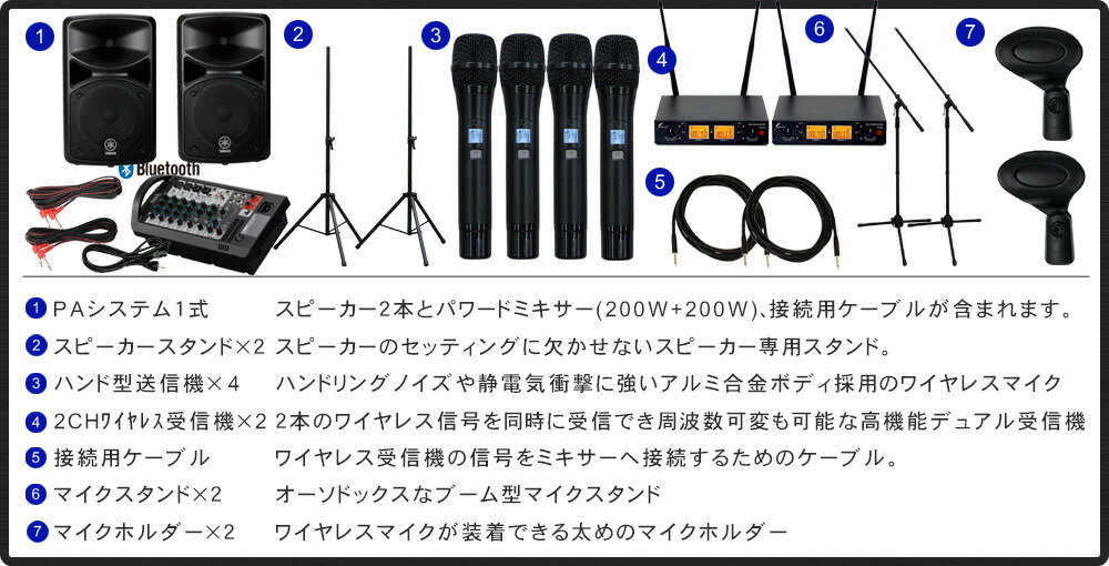 ヤマハ 簡易PAセット ワイヤレスマイク4本付きセット STAGEPAS400BT マイクスタンド2本の画像