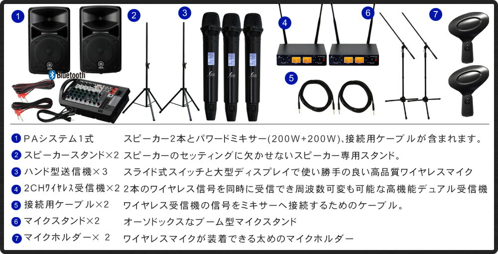 (ワイヤレスマイク３本付き)YAMAHA ヤマハ STAGEPAS400BT + 操作し易いv8011sワイアレスマイク付きPAセットの画像
