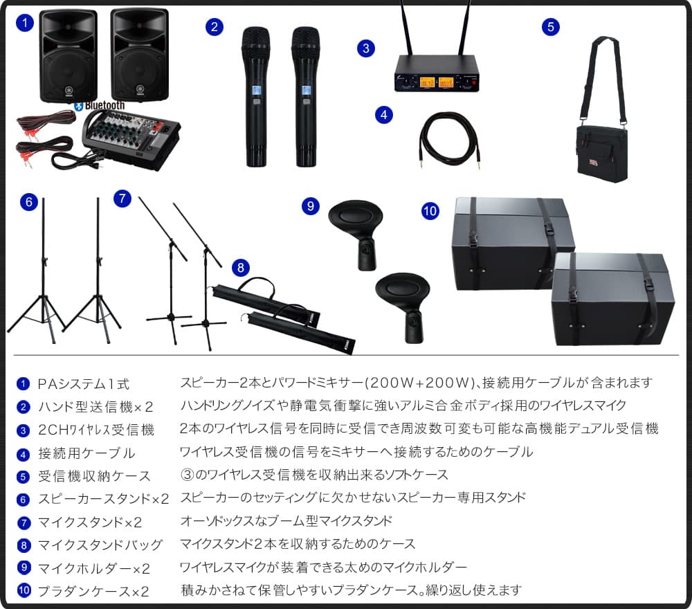 YAMAHA STAGEPAS400BT ケースセット ワイヤレスマイク2本 スタンド付き PAセットの画像