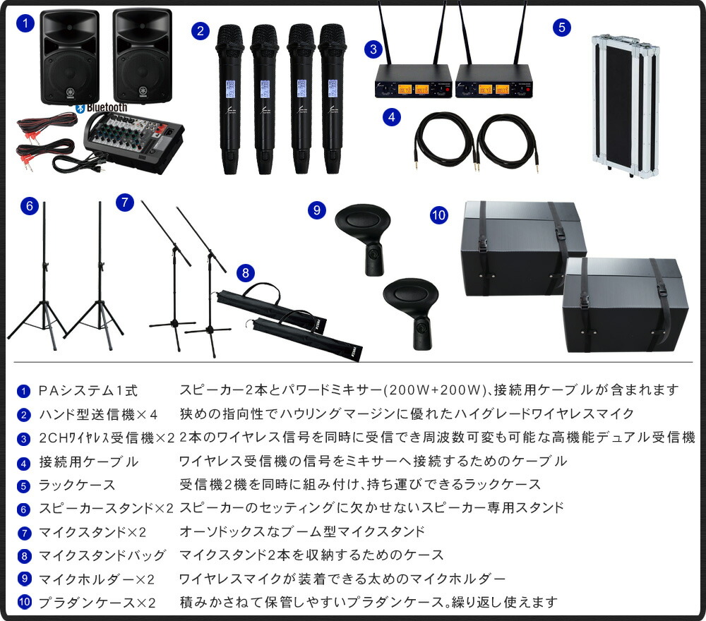 ケース付き■YAMAHA ヤマハ 出力400Wアンプ＋ワイヤレスマイク4本付き　スピーカーセット　STAGEPASの画像