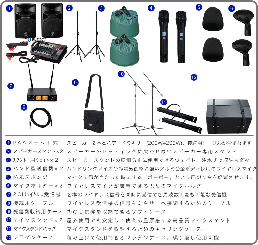 ケース付き■屋外に最適な付属品セット　YAMAHA STAGEPAS400BT ワイヤレスマイク2本セット　簡易PAセットの画像