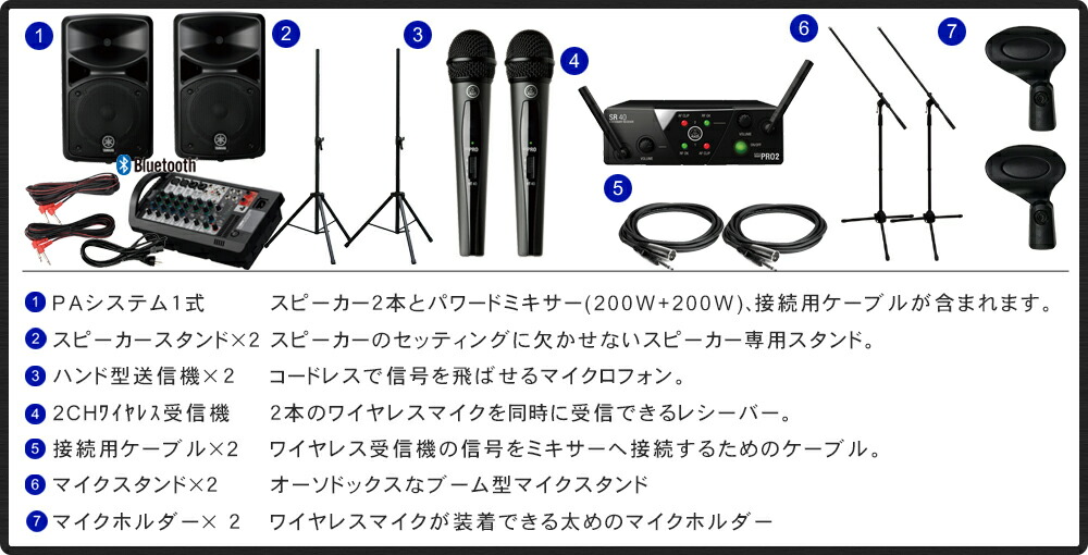 YAMAHA STAPGEAS400BT 低価格 AKGワイヤレスマイク2本セット ブームマイクスタンド2本付きの画像
