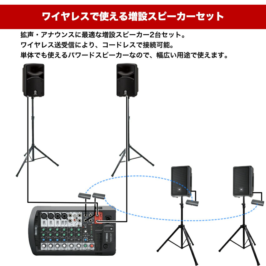 YAMAHA STAGEPAS400BT + 配線楽々 増設スピーカー2台ワイヤレス接続セット (選べるワイヤレスマイク)の画像