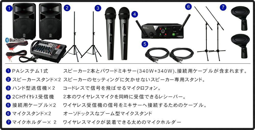 YAMAHA STAGEPAS600BT 低価格 AKGワイヤレスマイク2本セット マイクスタンド2本付きの画像