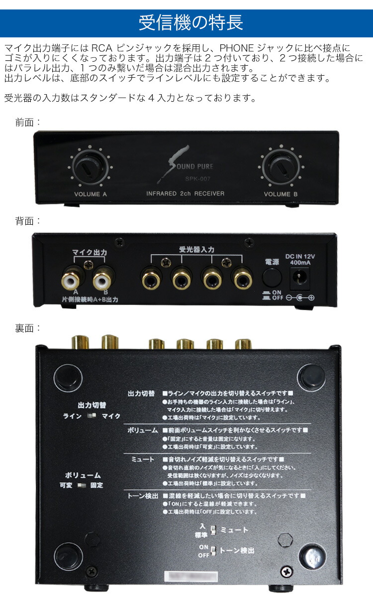SOUNDPURE 赤外線ワイヤレスマイク + audio-technica 受光器&充電器セット 固定設備 カラオケ店にの画像