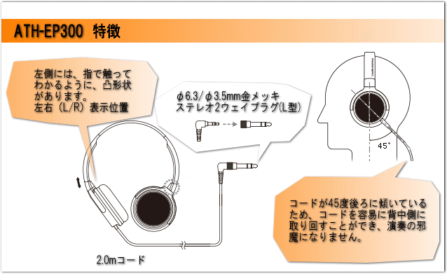 audio-technica オーディオテクニカ 楽器用 モニターヘッドホン 有線 ヘッドフォン 3極 変換プラグ付属 コード角度調節可能 コード片出し ATH-EP300の画像
