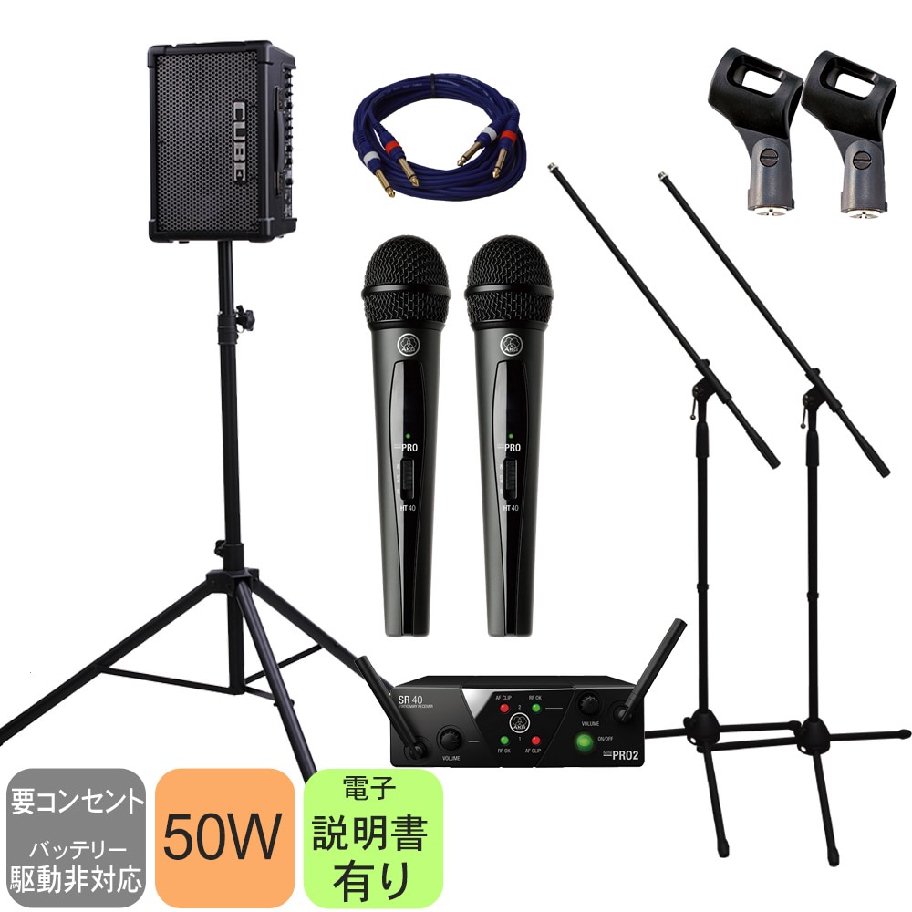 簡易PAセット 出力50W 教室規模の部屋でのトークショーなどに！　コードレスマイク２本付き(スピーカースタンド付き)の画像
