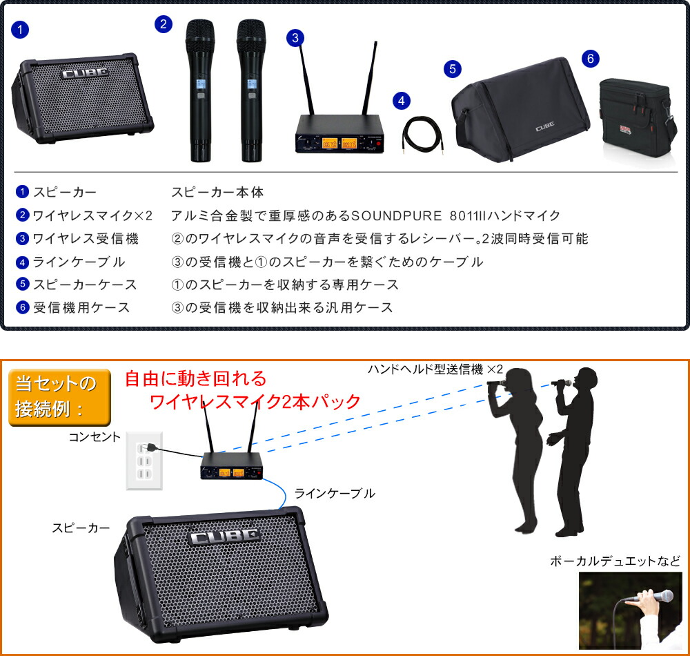 ケース付き　Roland 簡易PAセット 出力50W (SOUNDPURE ワイアレスマイク2本付きの画像
