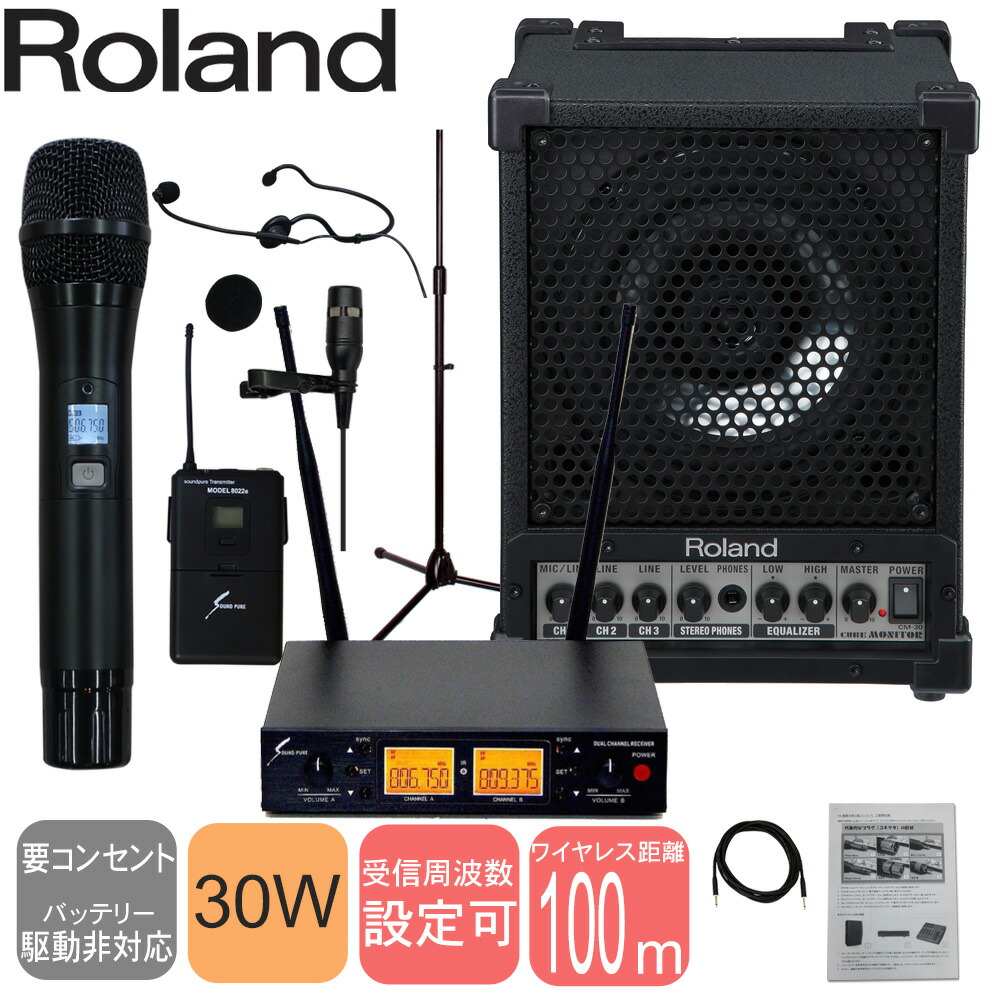 ワイヤレスハンドマイク1本 ピンマイク1個付き 音響セット アンプ内蔵スピーカー Roland CM-30の画像