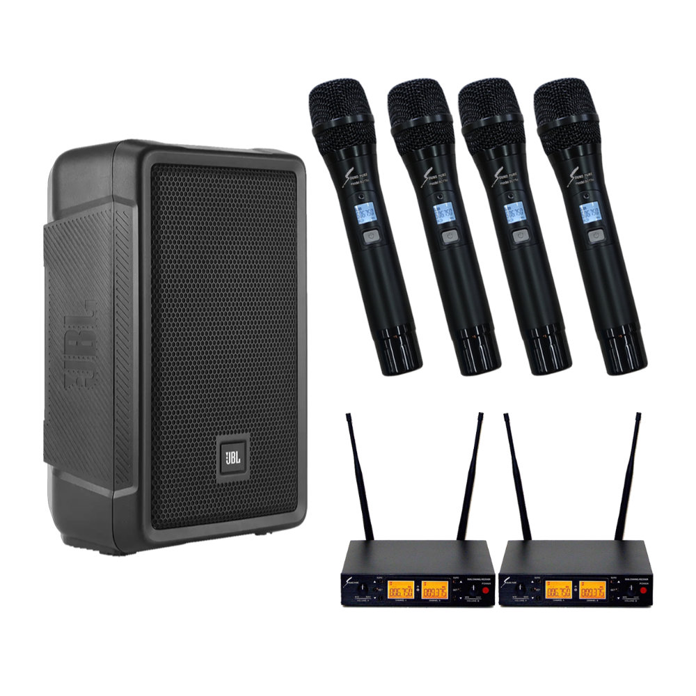 JBL 簡易PAセット ワイヤレスマイク４本付き 1300W パワードスピーカー IRX108BT-Y3 セット　Bluetoothの画像