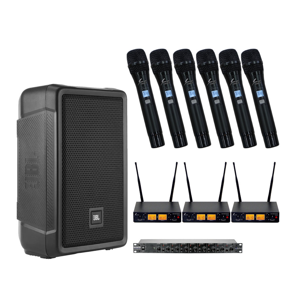 JBL 簡易PAセット ワイヤレスマイク６本付き 1300W パワードスピーカー IRX108BT-Y3 セット　Bluetoothの画像