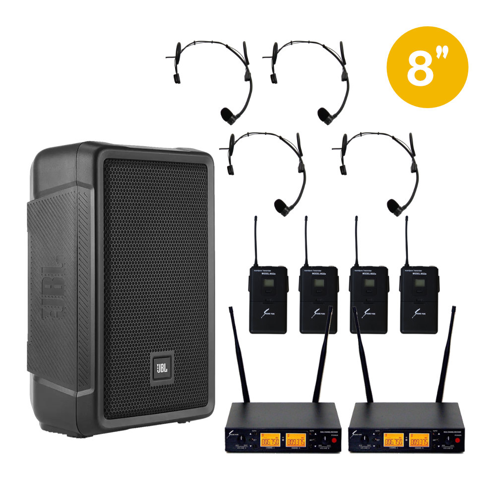 JBL 簡易PAセット ワイヤレスヘッドマイク４本付き 1300W パワードスピーカー IRX108BT-Y3 セット　Bluetoothの画像