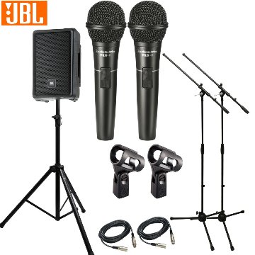 スピーカースタンド付き■JBL 簡易PAセット 有線マイク２本付き 1300W パワードスピーカー IRX108BT-Y3 セットの画像